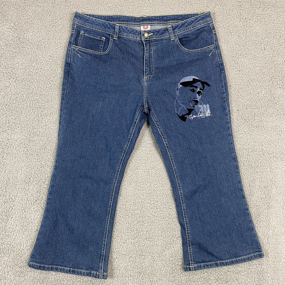 Makaveli Branded Tupac Shakur Graphic Cropped Flare Jeans Medium Wash Size 11